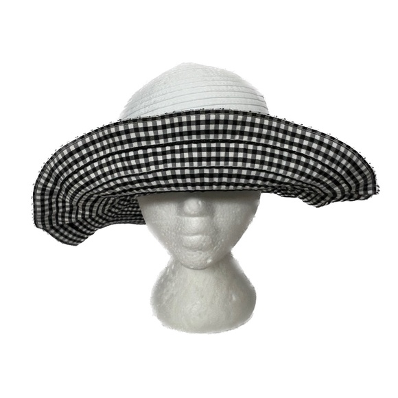 San Diego Hat Co Wide Brim Ribbon Sun Hat White Blue Gingham Check Cottagecore - Picture 3 of 9